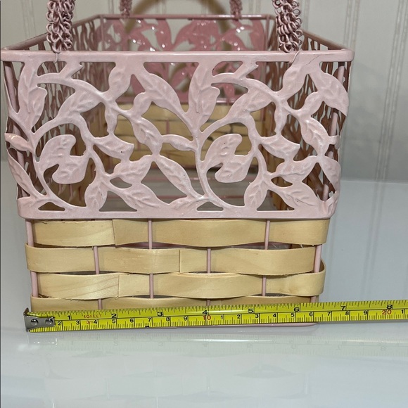 Vintage Pink Metal & Woven Basket | Shabby Chic Floral Filigree Decorative Bin - Picture 6 of 7